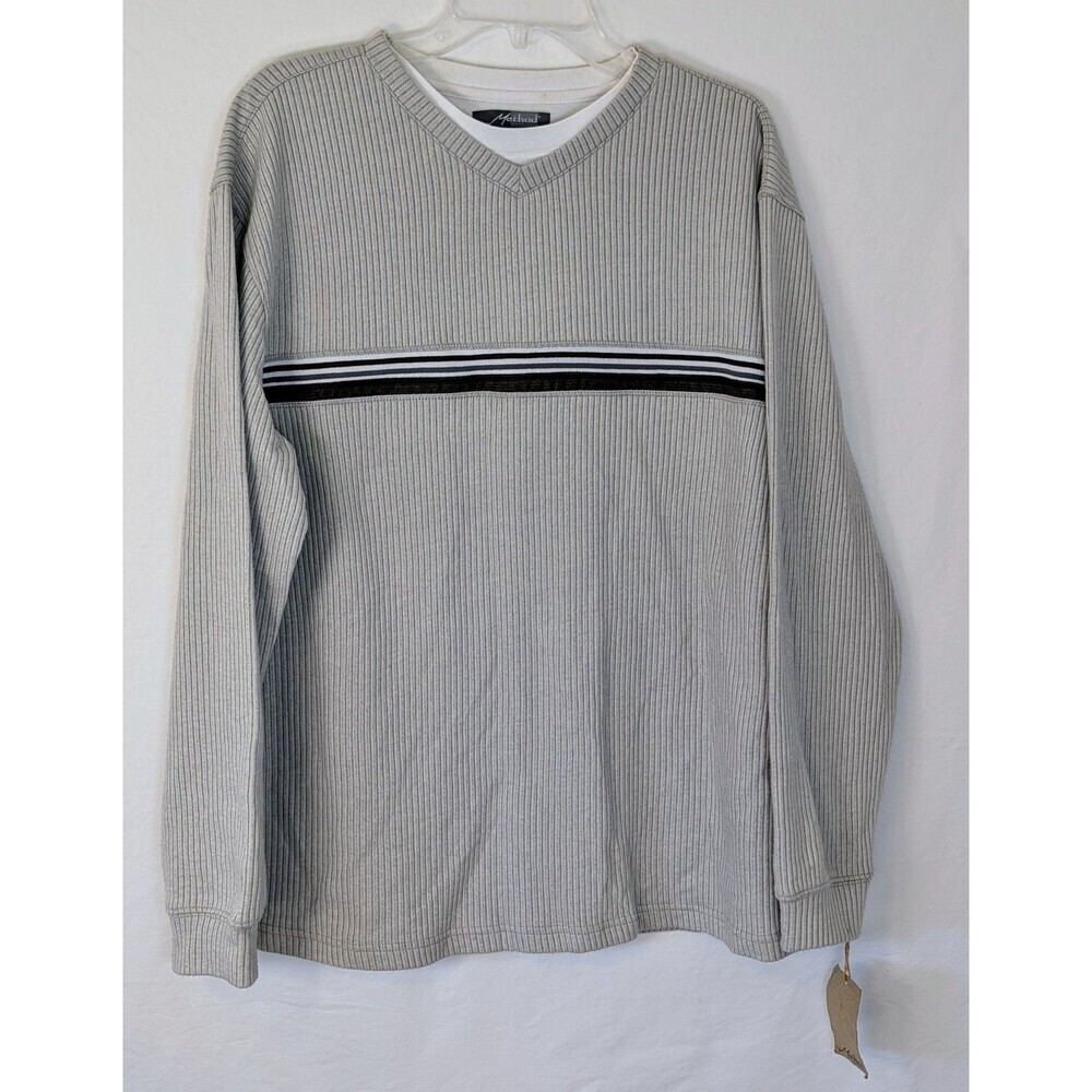 Method Men’s L Ribbed V-Neck Pullover Sweatshirt Khaki Beige Faux Layered Look